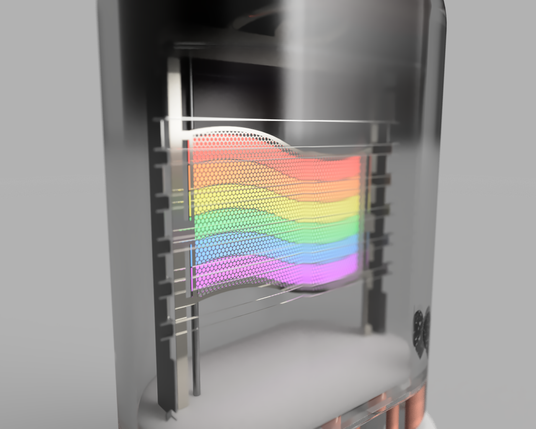 3D rendering in close-up of a small Vacuum Fluorescent Display with a rainbow flag anode. A perforated metal control grid and wire cathodes are visible in the foreground.
