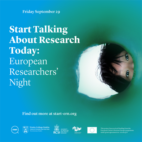 An image of a child peering into a hole in curiosity. Only the child's eyes are visible. The text reads 'Start Talking About Research Today: European Researchers' Night'. There are a series of logos across the bottom of the graphic.