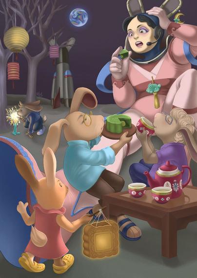 Chang-er (as an astronaut) participating in a mid-autumn festival celebration with a small family of rabbits who live on the moon. They sit at her feet drinking tea and sharing a mooncake.