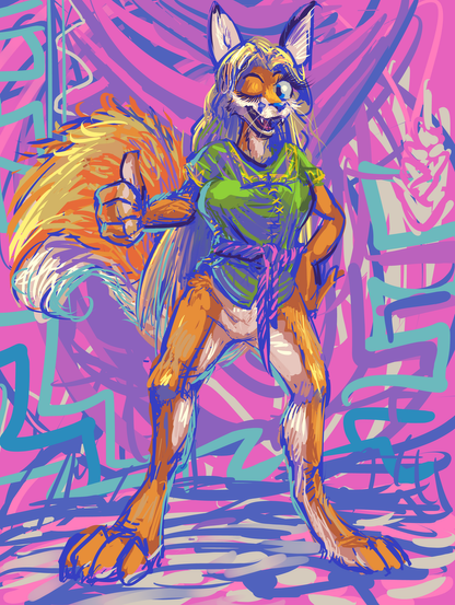 humanoid animal person wearing a green shirt issuing a "thumbs up" gesture in front of a curious cga-monitor-colored background
