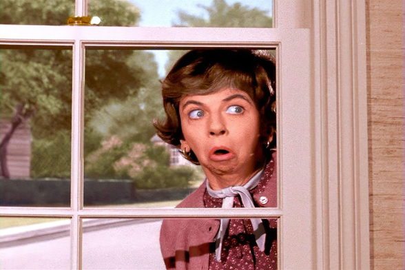 Screenshot of Alice Pearce as Mrs. Kravitz on BEWITCHED peering through a window.