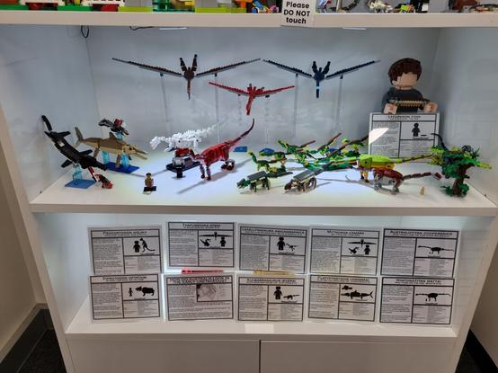 Full twi shelf view of the lego Aussie Animal display. Critters on the upper shelf, explanation signs on the lower one.
