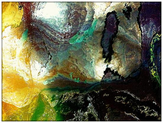 A colour photograph showing the reflection on water from a small section of trawler. The frame is filled with colour, from yellow at the left of the frame to greens and deep purples with pearlescent sections of white and swirling lines.
