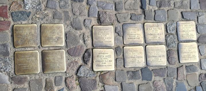 Stumbling blocks to remember those who who were murdered by the nazis, Berlin Germany. 
Brass plates in Street are placed outside their original place of residence.