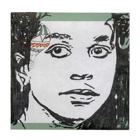 Pen drawing of Rae Dawn Chong smiling, drawn on a balloon themed Post-It Note.