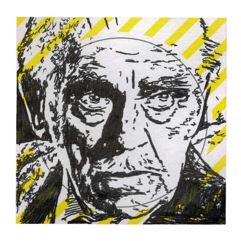 Pen drawing of an older Boris Karloff wearing a suit drawn on a yellow striped Post-It Note.