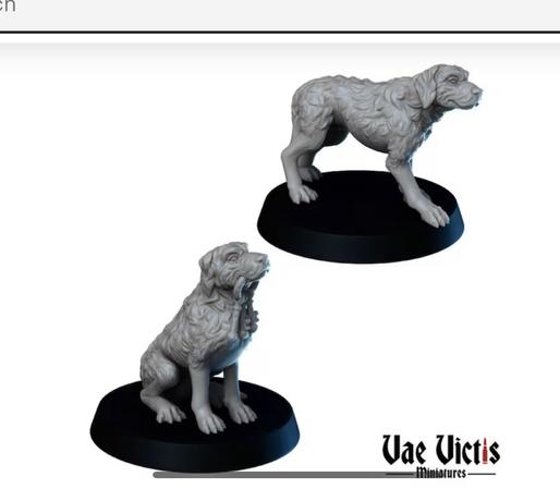 Two unpainted herding dog miniatures on round bases.
