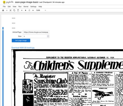 Screenshot of a notebook running in Jupyterlite/Retro. There's a text box where a url has been entered, and a blue 'Save page image'. Below the button, a link to download the page image, and the page image itself is displayed.