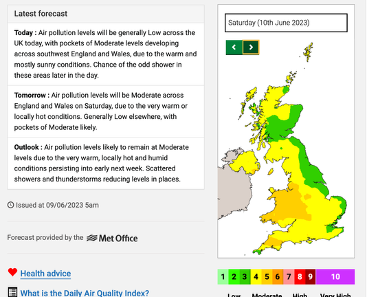 Screenshot of Defra air pollution forecast for UK, almost everywhere is yellow indicating moderate air quality.