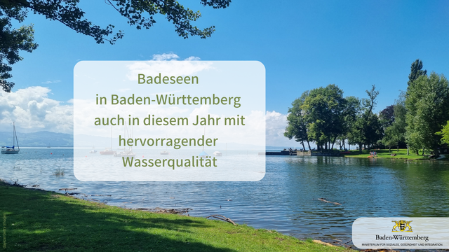 Blick auf den Bodensee vom flach abfallenden, grasbewachsenen Ufer. 
Text: Badeseen in Baden-Württemberg auch in diesem Jahr mit hervorragender Wasserqualität.