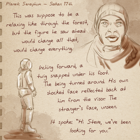 A worn journal page with the drawing of an alien man looking forward and a person in a spacesuit.  The text next it reads  This was suppose to be a relaxing hike through the forest, but the figure he saw ahead would change all that, would change everything. Inching forward, a twig snapped under his foot. The being turned around. His own shocked face reflected back at him from the visor. The stranger's face, unseen. It spoke: “Hi Steve, we've been looking for you.”