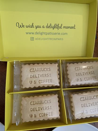 A box of custom shortbread cookies, from #DelightPatisserie each one with the embossed message "Czarbucks Delivers!  ❤️ & Coffee"

They will NOT last until June 18th, Father's Day here in the #US.