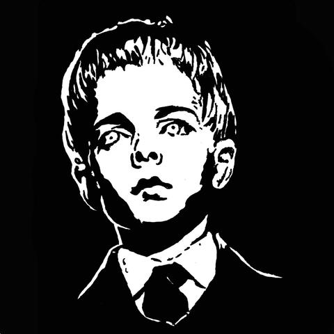 Pen drawing of a sad looking young boy in a boarding school uniform drawn on a black background.