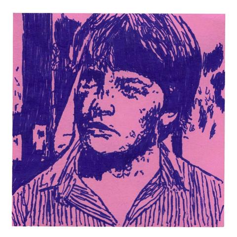 Pen drawing of a young Michael J. Fox dressed like a nerd drawn on a pink Post-It Note.