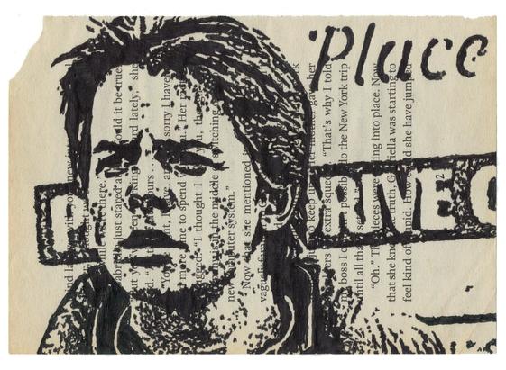 Pen drawing of Michael J. Fox looking confused and standing in front of a billboard drawn on a torn-out book page.