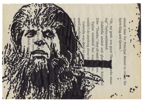 Pen drawing of Michael J. Fox as a werewolf drawn  on a torn-out book page.