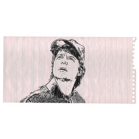 Pen drawing of Michael J. Fox wearing futuristic clothing and looking confused drawn on a spiral notebook page.