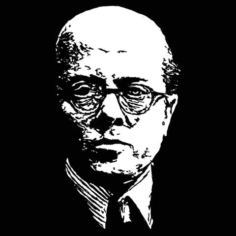 Pen drawing of Richard Attenborough wearing glasses and looking intimidating drawn on a black background.