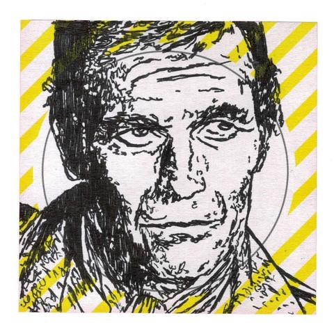 Pen drawing of Charlton Heston smiling nervously drawn on a yellow-striped Post-It note.