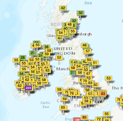 Realtime crowdsourced sensor network over UK and Ireland showing air quality indices that are mostly yellow indicating moderate air quality.