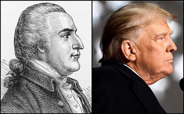 Pictured, from left to right: An engraving of Benedict Arnold in profile; a photo of Donald Trump in profile.