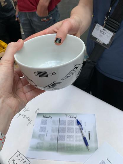 Two hands both holding a GPN21 Troll bowl over a white table.
