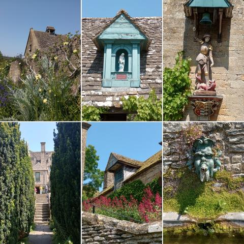 Six exterior views of Snowshill Manor on a sunny day. A dovecote, statues of the Virgin Mary and St George. Steps up to the house, a window surrounded by red flowers, and a grotesque green gargoyle dripping into a pond