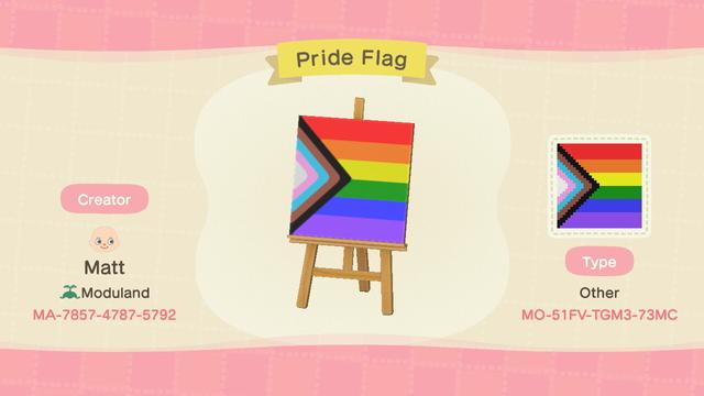 Animal Crossing: New Horizons screenshot. Image from the custom design screen of a design based on the Progress Pride Flag by Matt from Moduland. The design code is MO-51FV-TGM3-73MC.