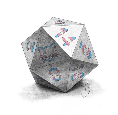 Grey dice with numbers in trans pride colors and a cat face on it