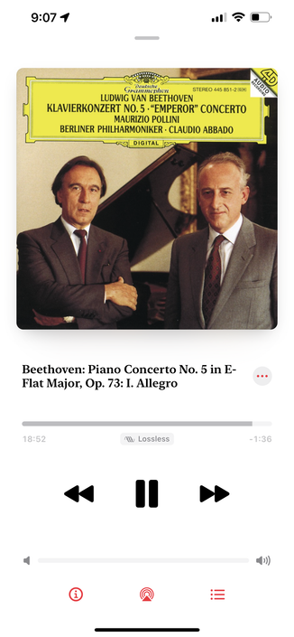 Apple Classical screenshot of Claudio Abbado and Maurizio Pollini stood in front of a grand piano.