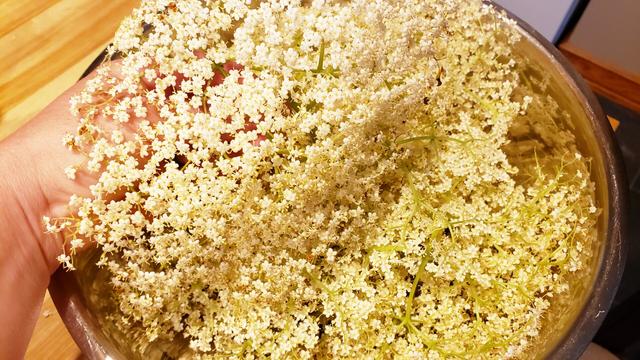 A large metal bowl full of elderflowers.