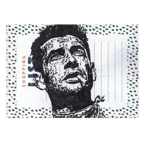 Pen drawing of Yves Montand smoking a cigarette drawn on a shopping list.