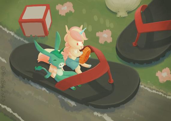 Two tiny unicorns driving a flip flop as it was a car