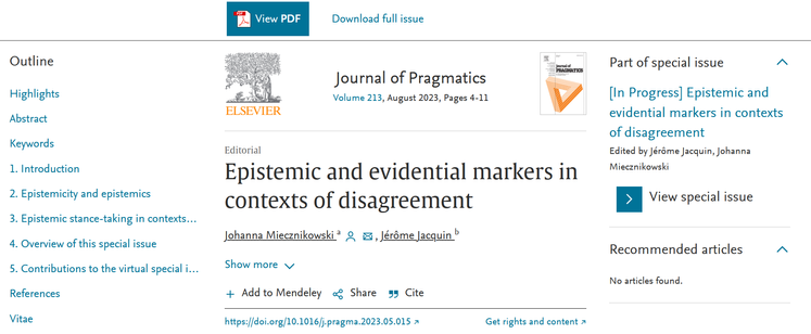 Screenshot of the editorial's page on the website of Journal of Pragmatics