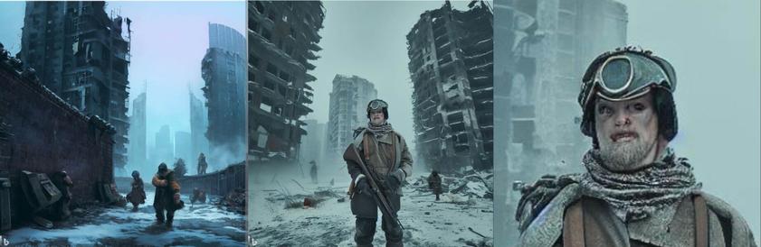 Three AI-generated post-apocalyptic images. The first two are landscapes of a ruined city. The image on the right is a close-up of the man in the middle image. The face of the man has no eyeballs, but hollow sockets with eyeballs BEHIND the sockets (huh?). For some reason, the goggles on his head have only one eye lens, even though he has two... I guess you could call them "eyes"?