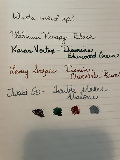 A white page with writing demonstrating 4 pens and the different ink in each.