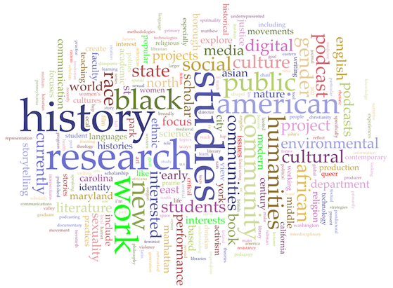 Voyant word cloud visualization of podcast institute participants' research areas and interests. Some of the most prominent words are: history, research, black, studies, humanities, public, community, cultural, work, race.