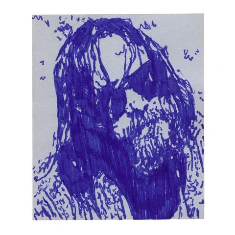 Pen drawing of Jeff Bridges wearing a robe and sunglasses soaked in water drawn on a purple Post-It note.