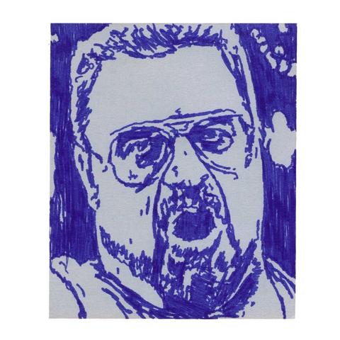 Pen drawing of John Goodman with a goatee, glasses and a crew cut drawn on a purple Post-It note.
