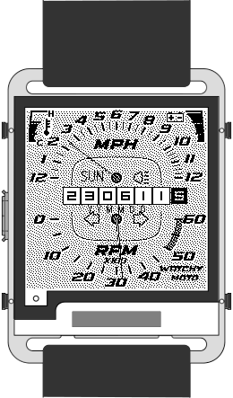 A customized Watchy watchface stylized to be a motorcycle speedometer face.  Hours on top labeled as MPH with a needle pointing to the hour of day across a 180 degree arc. On the lower half is another 180 degree arc, but this one is labeled RPM and the needle points to the minute of the hour. In the middle is a numeric counter that displays the Date in YYMMDD format with a decimal value at the end representing the decimal hour of the day.