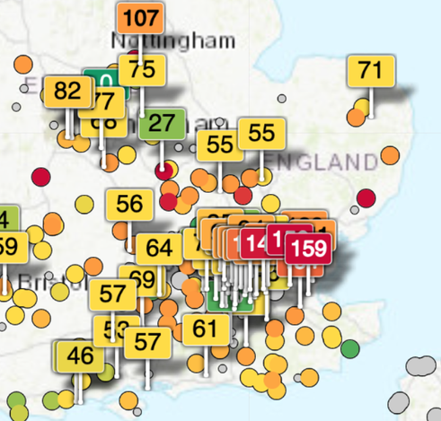 Map of South East England including London showing a mix of air quality readings of mainly moderate to very unhealthy in parts of Essex and East London.
