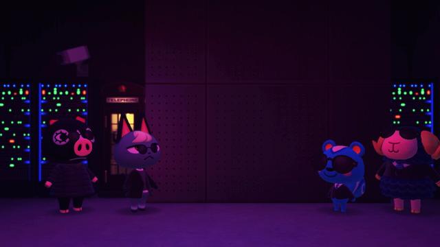 Animal Crossing: New Horizons screenshot. Image of a concrete room that is dimly lit with server machines and a payphone in the background. Eunice and Filber are on one side in suits and sunglasses. Raynond and Agnes are on the other in long black jackets and tiny sunglasses. The scene is intended to look like The Matrix.