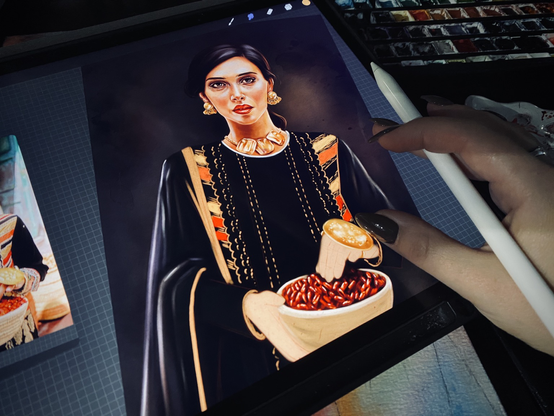 The photo shows the process of drawing on the iPad. I draw a Moroccan (not sure) beautiful girl in national bright clothes, with large gold jewelry. In her hands she holds a bowl of dried peppers.