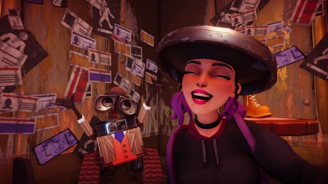 A photo taken in-game from Disney’s Dreamlight Valley. My character is on the right taking a selfie with Wall-E on the left, who has his arms in the air. My character has light skin, purple hair in pigtails and is wearing a garbage can for a hat with a black jacket and black choker necklace. Her eyes are closed and she is smiling. Wall-E is wearing a brown suit with orange button-up and purple tie.