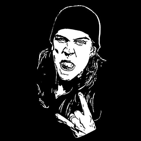 Black and white pop art drawing of Jason Mewes wearing a beanie, sticking his tongue out and giving the devil horns with his hands drawn on a black background.