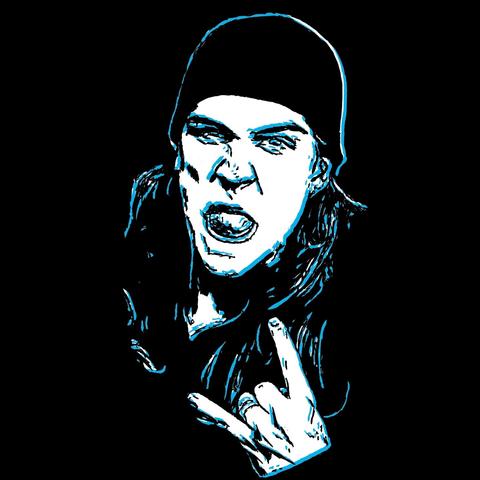 Black cyan and white pop art drawing of Jason Mewes wearing a beanie, sticking his tongue out and giving the devil horns with his hands drawn on a black background.