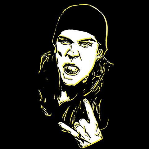 Black yellow and white pop art drawing of Jason Mewes wearing a beanie, sticking his tongue out and giving the devil horns with his hands drawn on a black background.