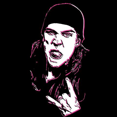 Black magenta and white pop art drawing of Jason Mewes wearing a beanie, sticking his tongue out and giving the devil horns with his hands drawn on a black background.