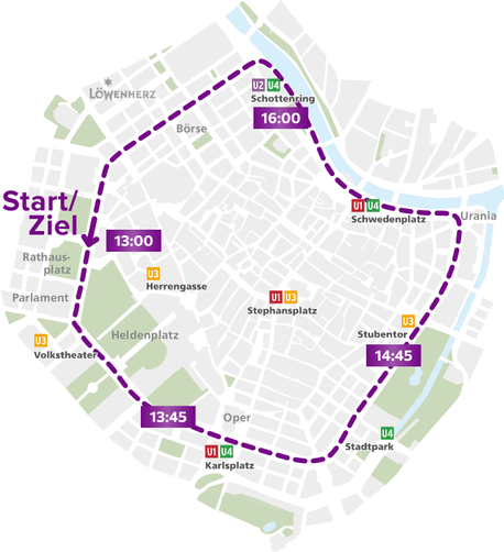Demorute (immer entlang der Ringstraße):

Start (13:00)/Ziel: Rathausplatz
13:45: Oper
14:445: Stubentor
16:00: Schottenring