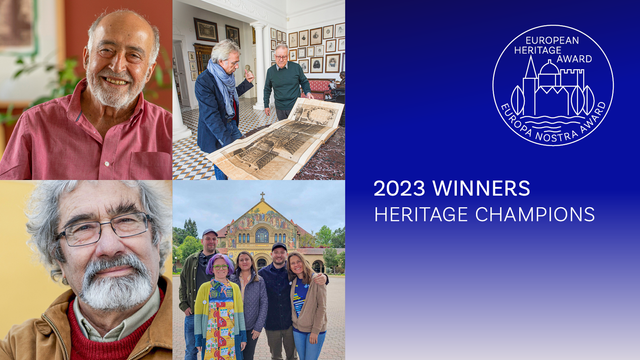 Winners of the cultural heritage award; 4 images along with the award name. 2 of individual older men, 1 of two people with a large book, and 1 with part of the SUCHO team standing together by Stanford University's Memorial Church